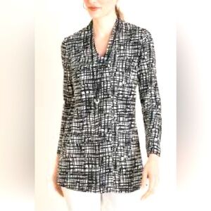 CHICO’S Sz 2 V-Neck Criss-Cross Print 100% Pima  Cotton Made in India Tunic Top